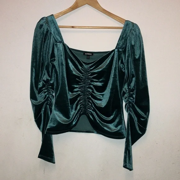 Express Emerald Green Velvet Ruched Top Juliet puff sleeve crop top medium - Picture 2 of 4